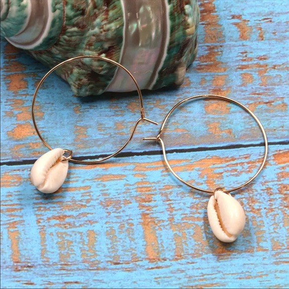 Drop Cowrie Shell Hoops 1” - Picture 3 of 4